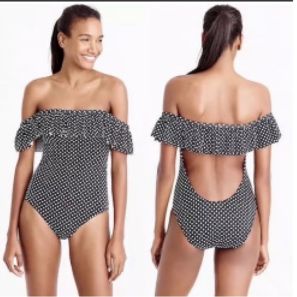 NWT! J.Crew Black White Polka Dots Ruffle Top Plunge Back Swimsuit Size US 10 - Picture 2 of 13